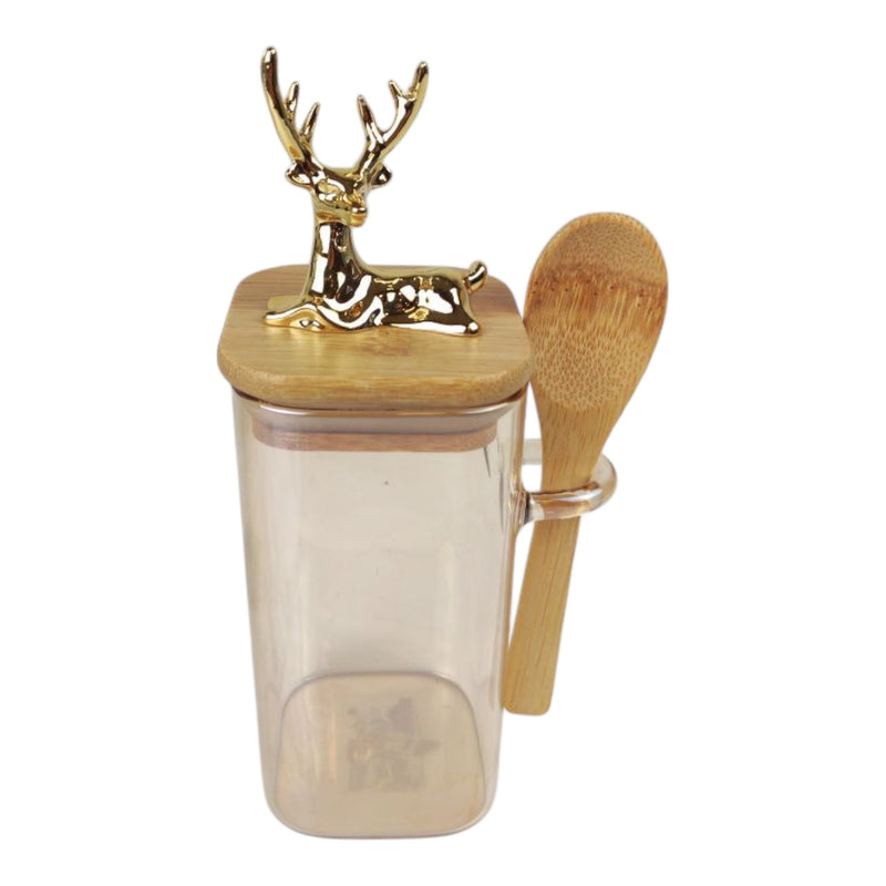 Bamboo container with deer lid and wooden spoon on a white background