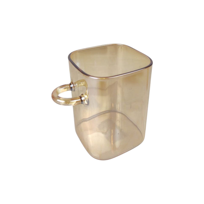 Clear plastic cup with handle on a white background