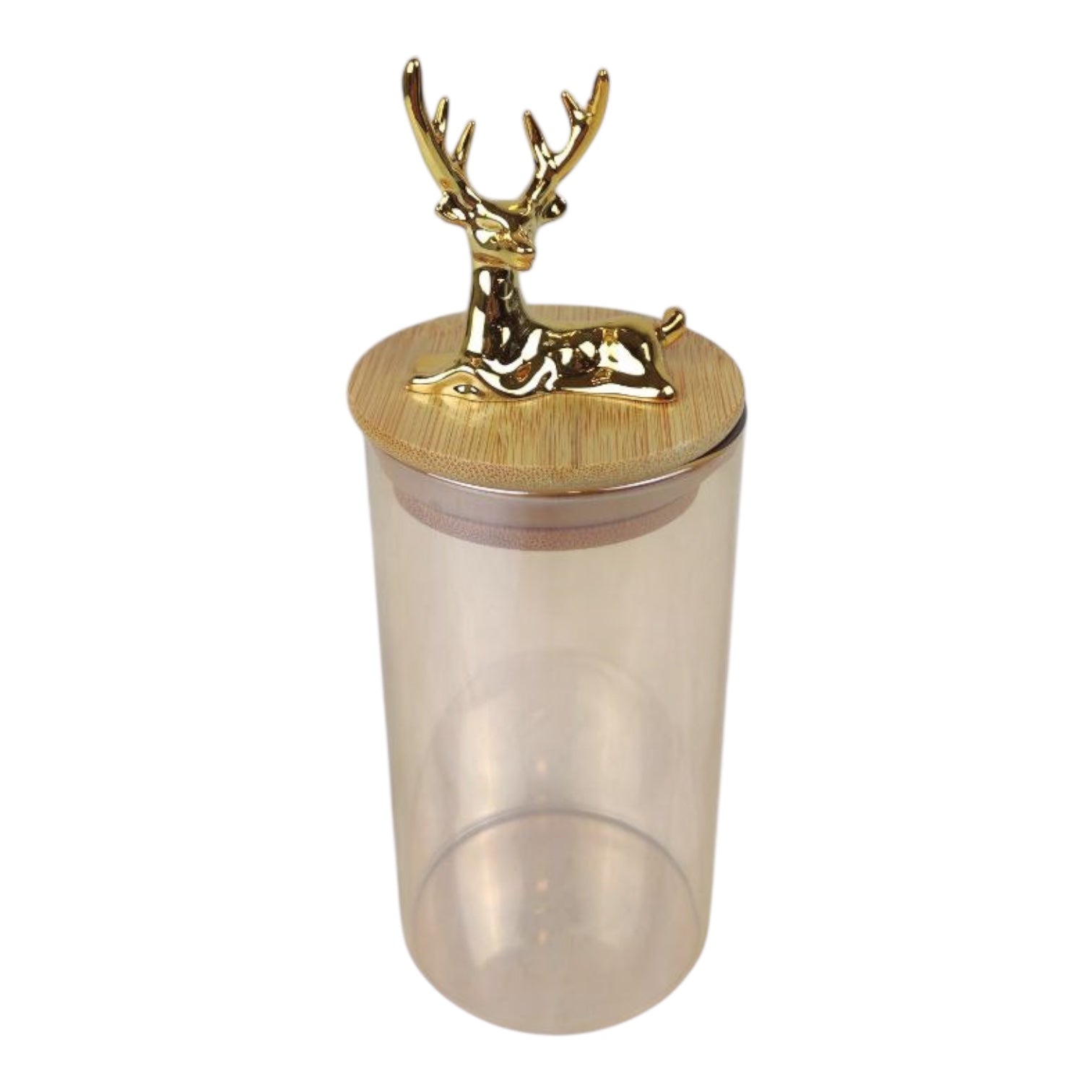 Clear tumbler with a gold deer-shaped lid on a white background