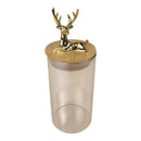 Clear tumbler with a gold deer-shaped lid on a white background