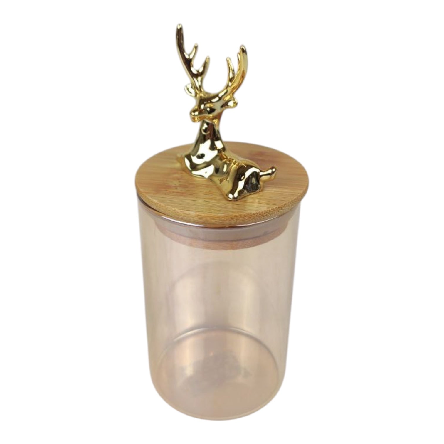 Clear glass jar with a gold deer-shaped lid on a white background