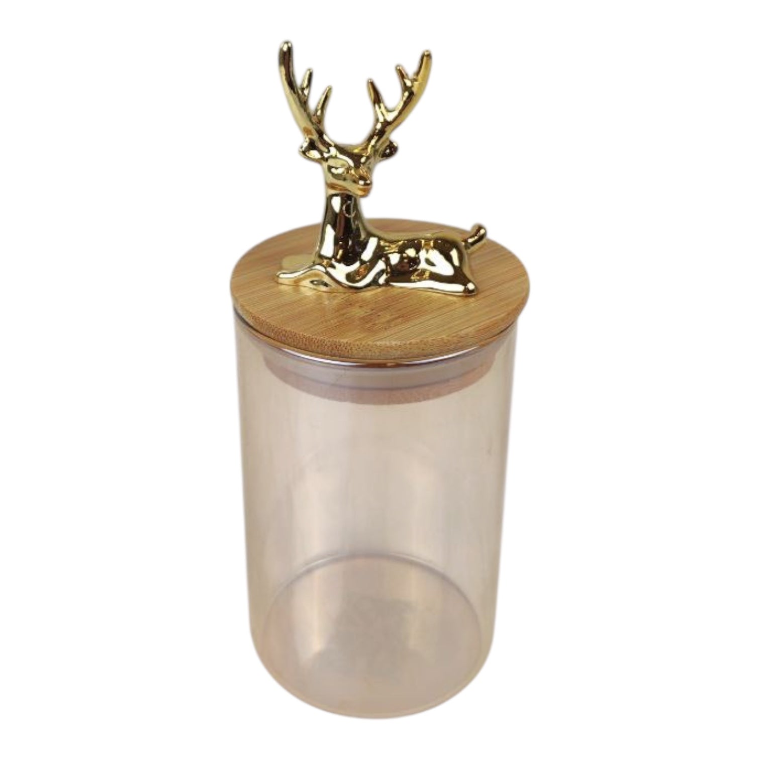 Clear glass jar with a wooden lid featuring a gold deer design on a white background