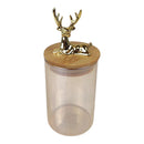 Clear glass jar with a wooden lid featuring a gold deer design on a white background