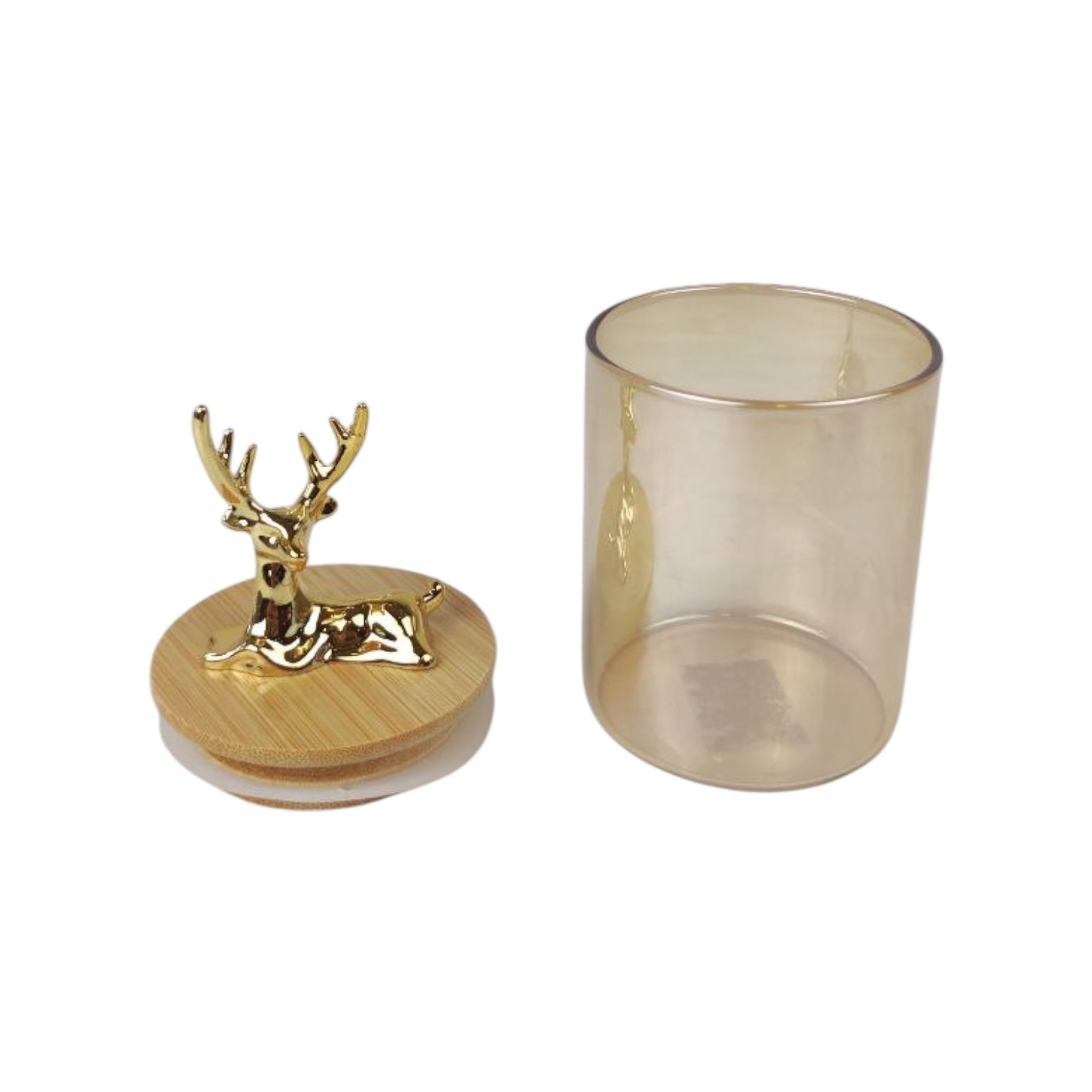 Decorative item with gold deer figure on a wooden base next to a clear glass container on a white background