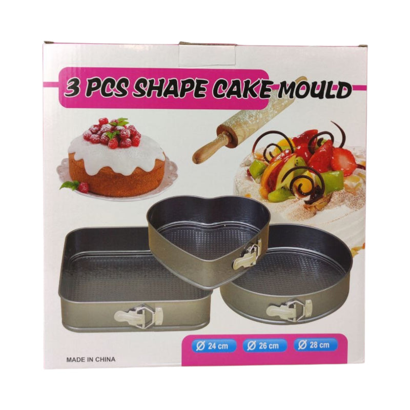 Box of 3-piece cake mold set with heart, square, and round shapes on a white background.