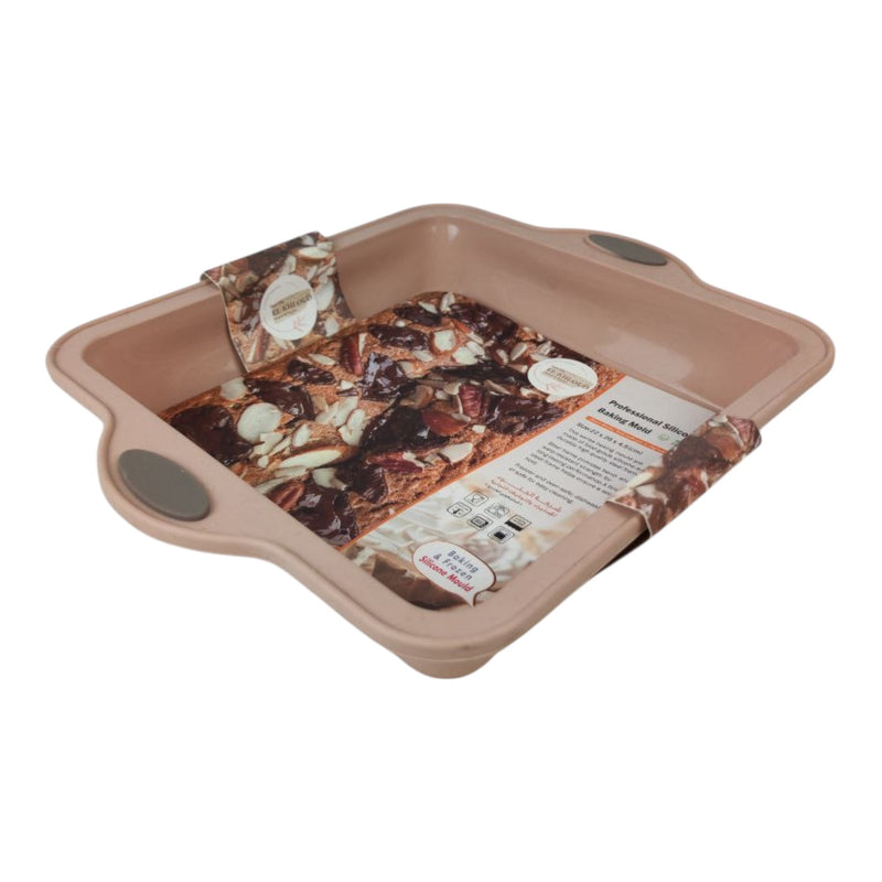 Rectangular baking dish with a pizza inside on a white background