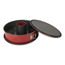 Red and black round cooking pan with lid on a white background