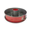Red and gray cake pan on a white background
