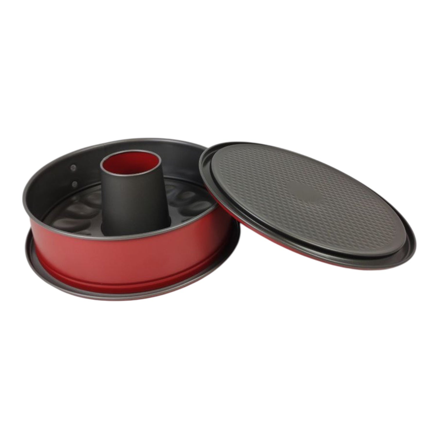 Red and black portable cooking set on a white background