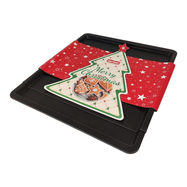 Black baking tray with a festive Christmas design on a white background