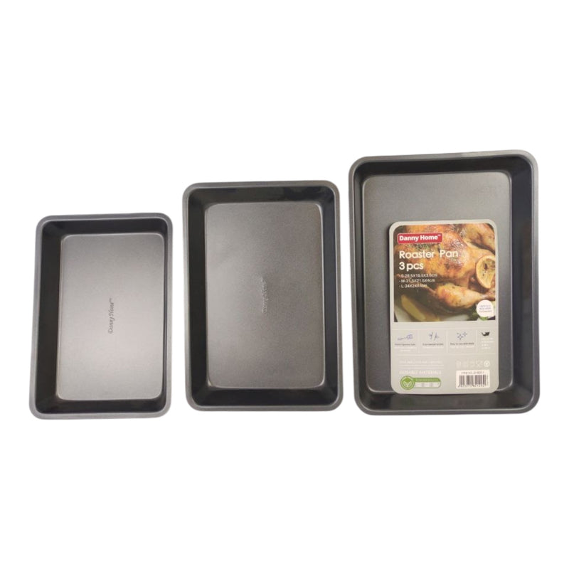 Set of three rectangular baking trays with a package labeled 'GreenPan' on a white background.