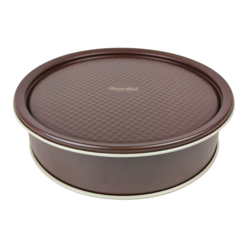 Round brown container with lid on a white background