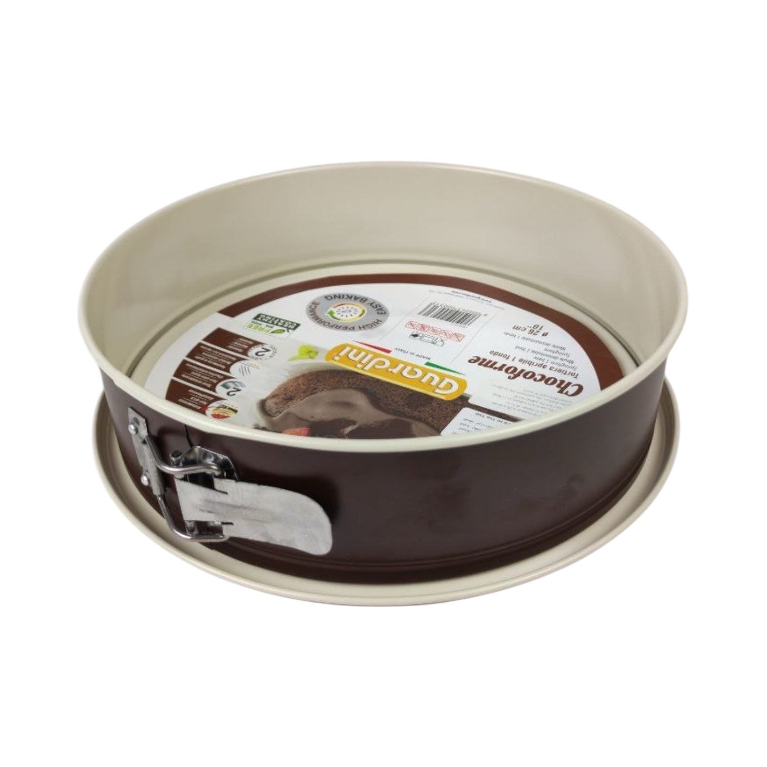 Round baking pan with a label on a white background
