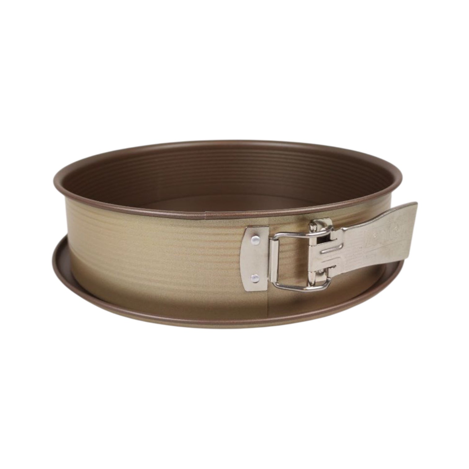 Brown springform pan with a silver release clip on a white background