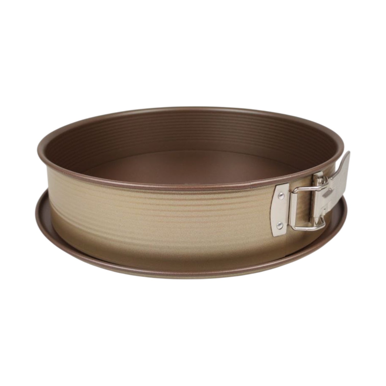 Round metal baking pan with a handle on a white background