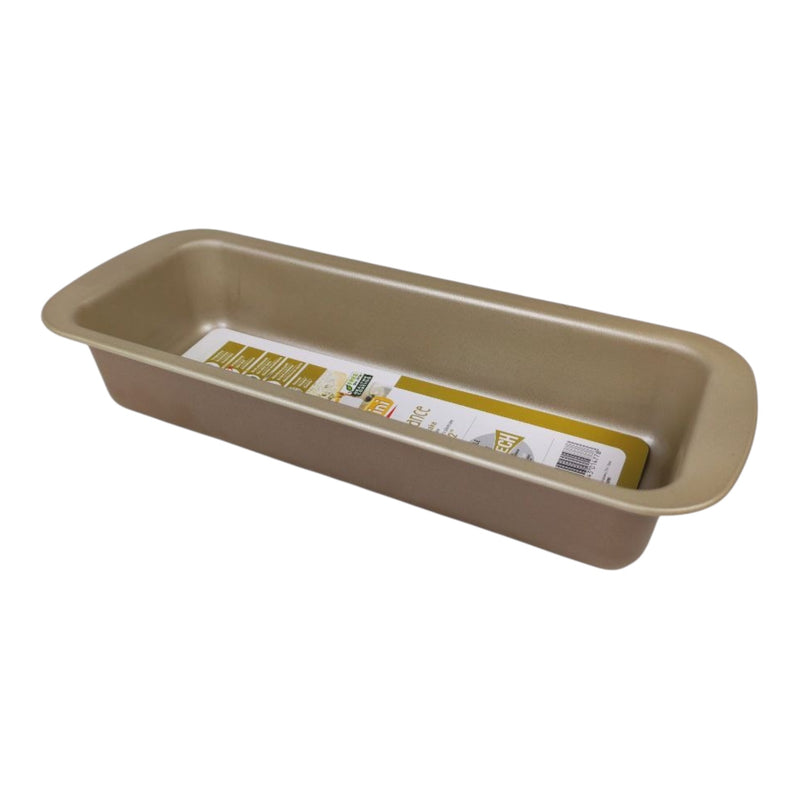 Beige baking tray with a label on a white background