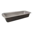 Stainless steel loaf pan on a white background