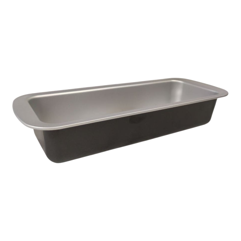 Stainless steel loaf pan on a white background
