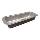 Stainless steel loaf pan on a white background