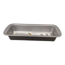 Stainless steel loaf pan on a white background