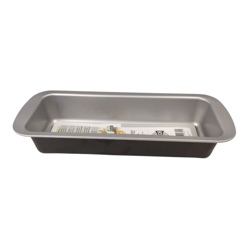 Stainless steel loaf pan on a white background