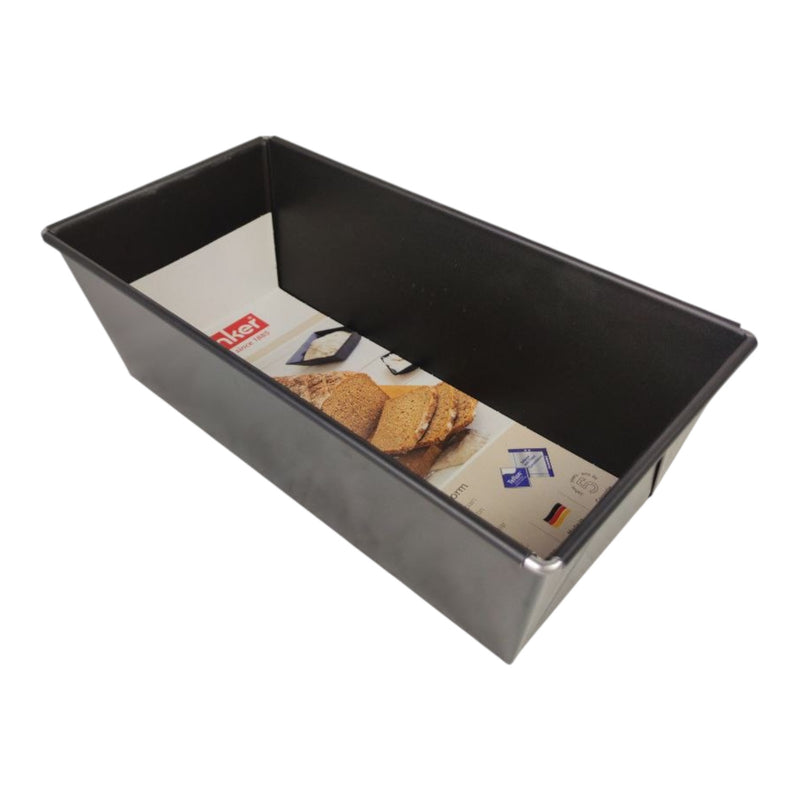Black metal loaf pan with a brand label on a white background