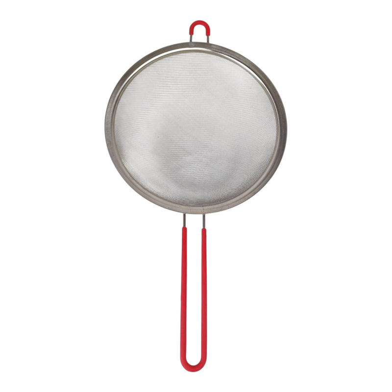 مصفاة مطبخ ستانلس ستيل 44×24×7 سم – شبك ناعم كبير بمقبض أحمر للطهي والخبز