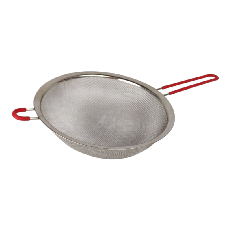 مصفاة مطبخ ستانلس ستيل 44×24×7 سم – شبك ناعم كبير بمقبض أحمر للطهي والخبز