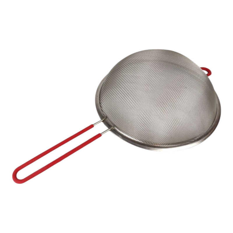 مصفاة مطبخ ستانلس ستيل 44×24×7 سم – شبك ناعم كبير بمقبض أحمر للطهي والخبز