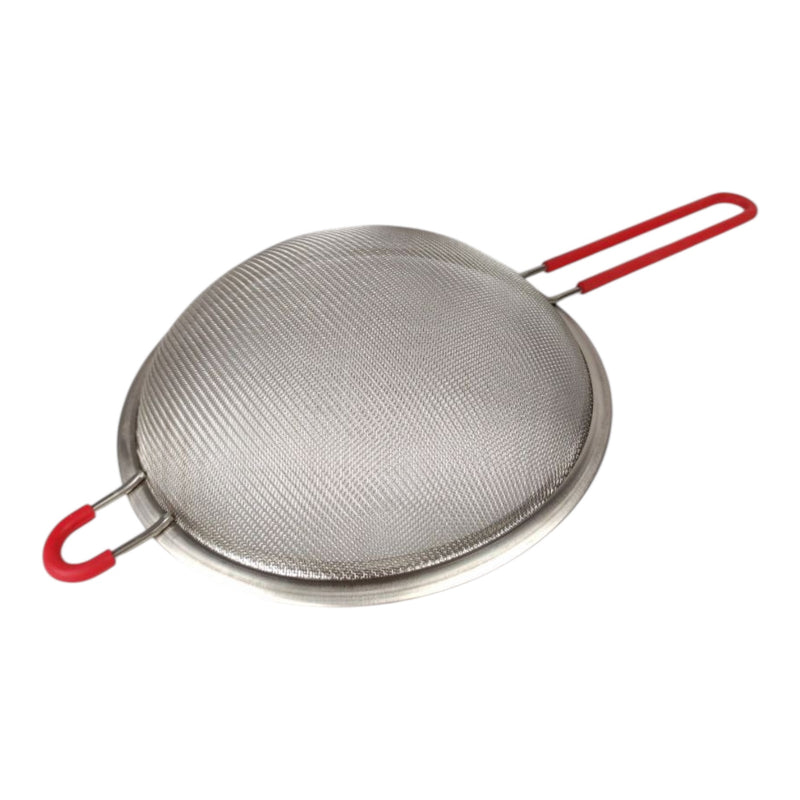 مصفاة مطبخ ستانلس ستيل 40×20×6 سم – شبك ناعم بمقبض أحمر للطهي والخبز