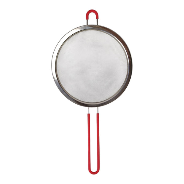 مصفاة مطبخ ستانلس ستيل 40×20×6 سم – شبك ناعم بمقبض أحمر للطهي والخبز