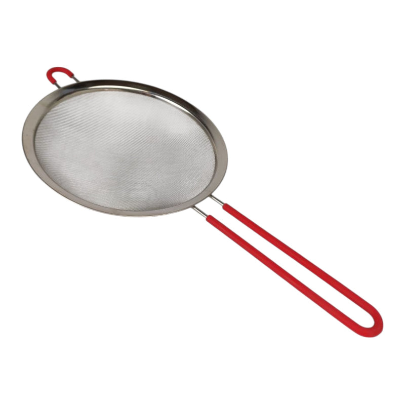 مصفاة مطبخ ستانلس ستيل 40×20×6 سم – شبك ناعم بمقبض أحمر للطهي والخبز