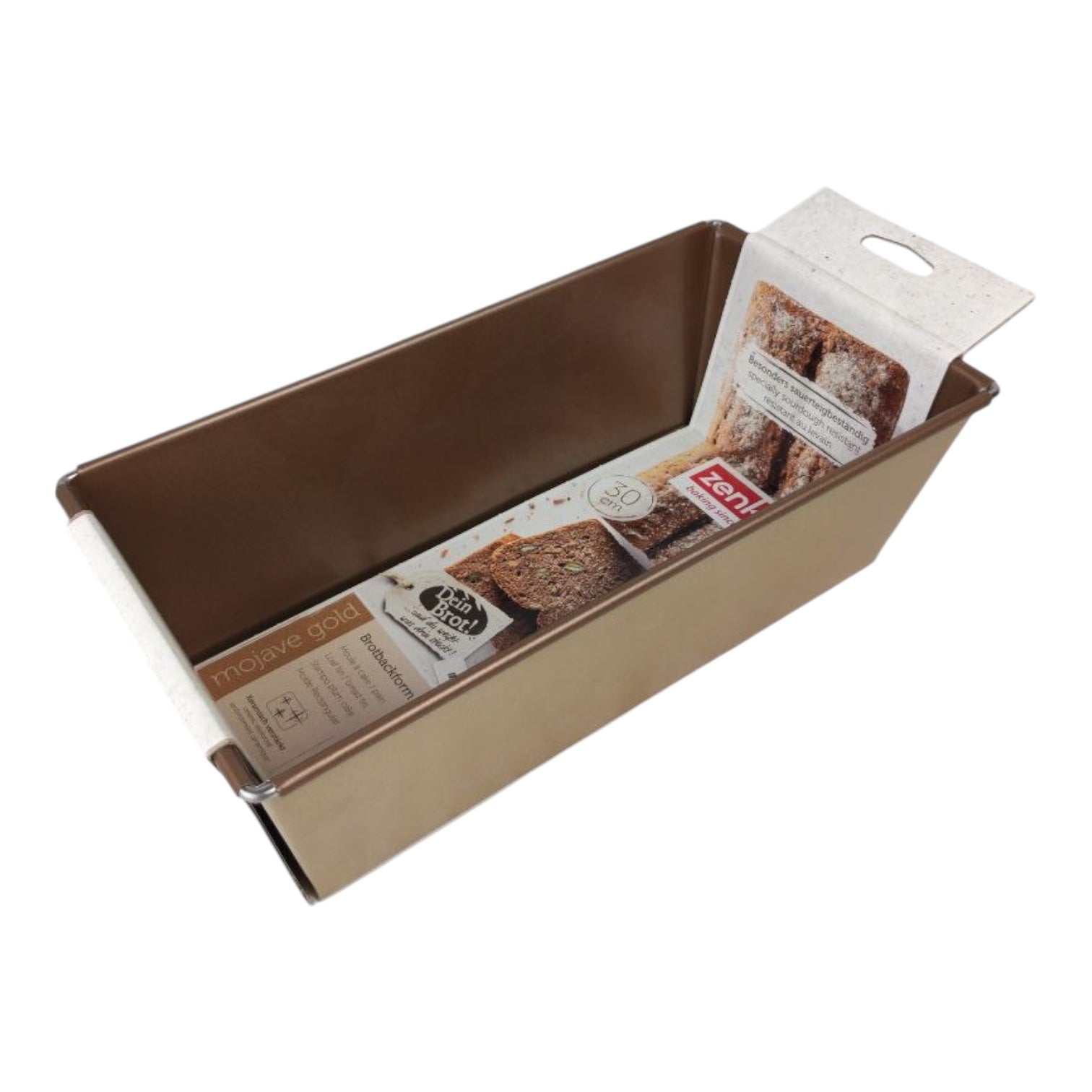 Brown bread loaf pan with a package of bread on a white background