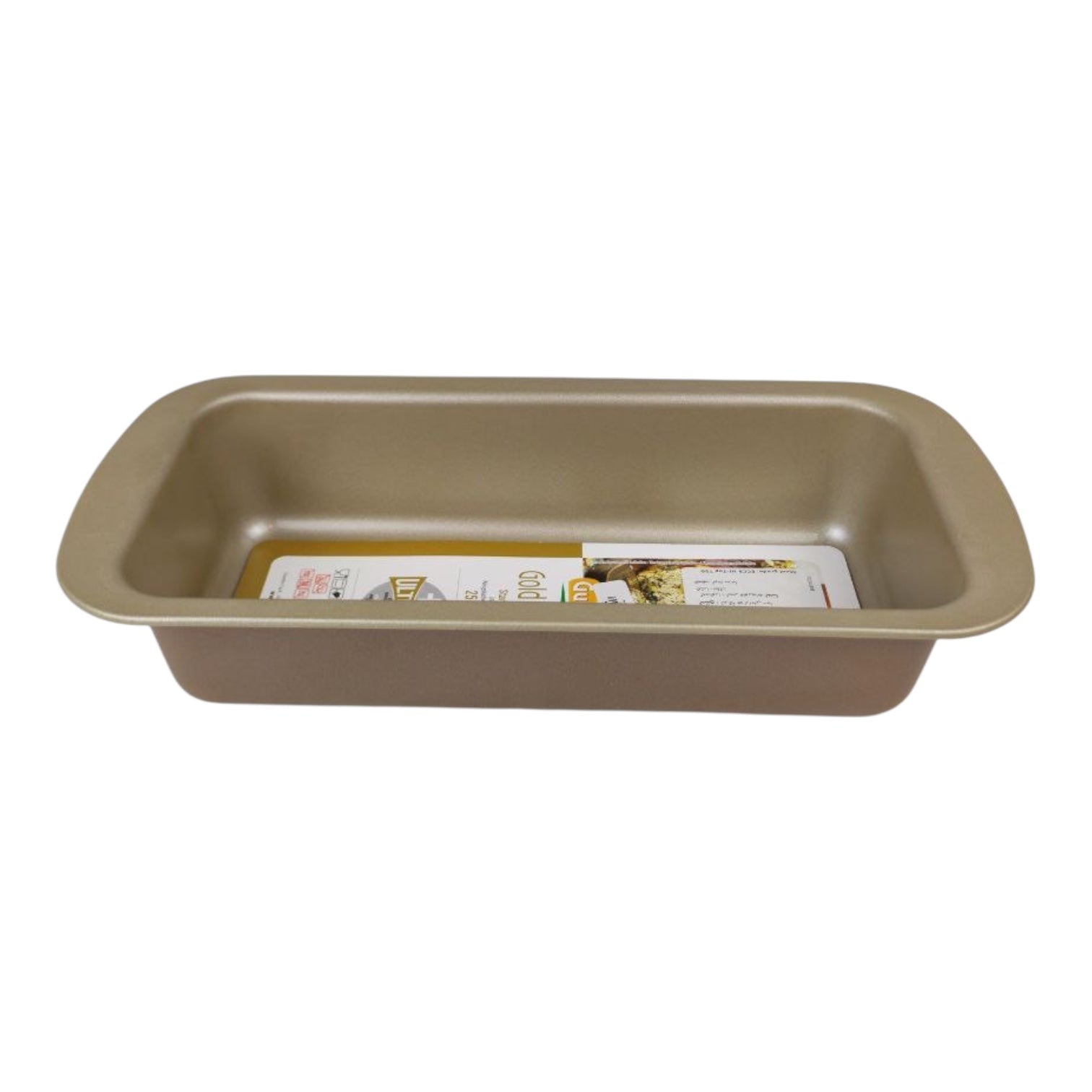 Gold baking tray with a product inside on a white background