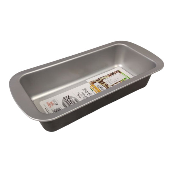 Metal loaf pan with a brand label on a white background