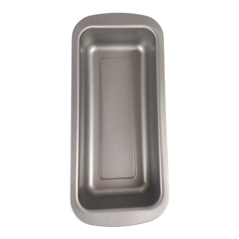 Stainless steel loaf pan on a white background
