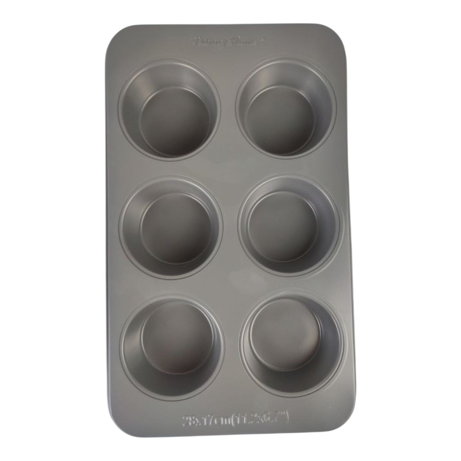 Gray muffin tin with six compartments on a white background