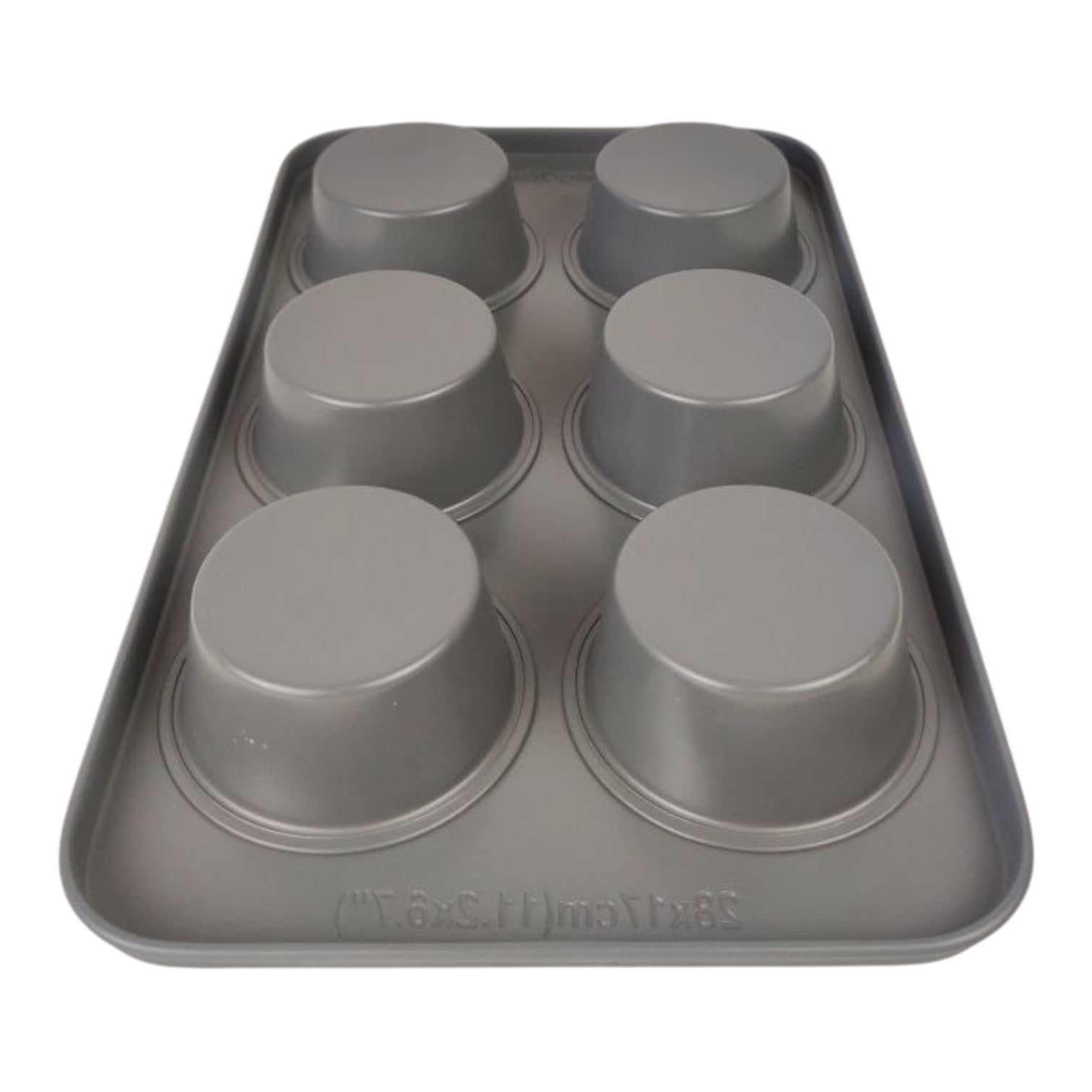 Gray silicone cupcake mold on a metal tray with visible brand name.