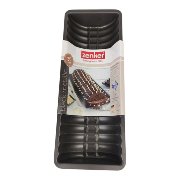Packaging of Zenker black metallic baking tray with product image and branding on a white background
