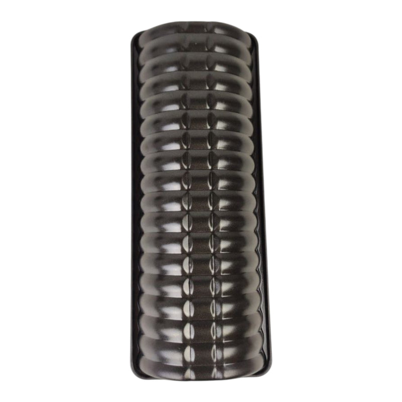 Black ribbed cylindrical object on a white background