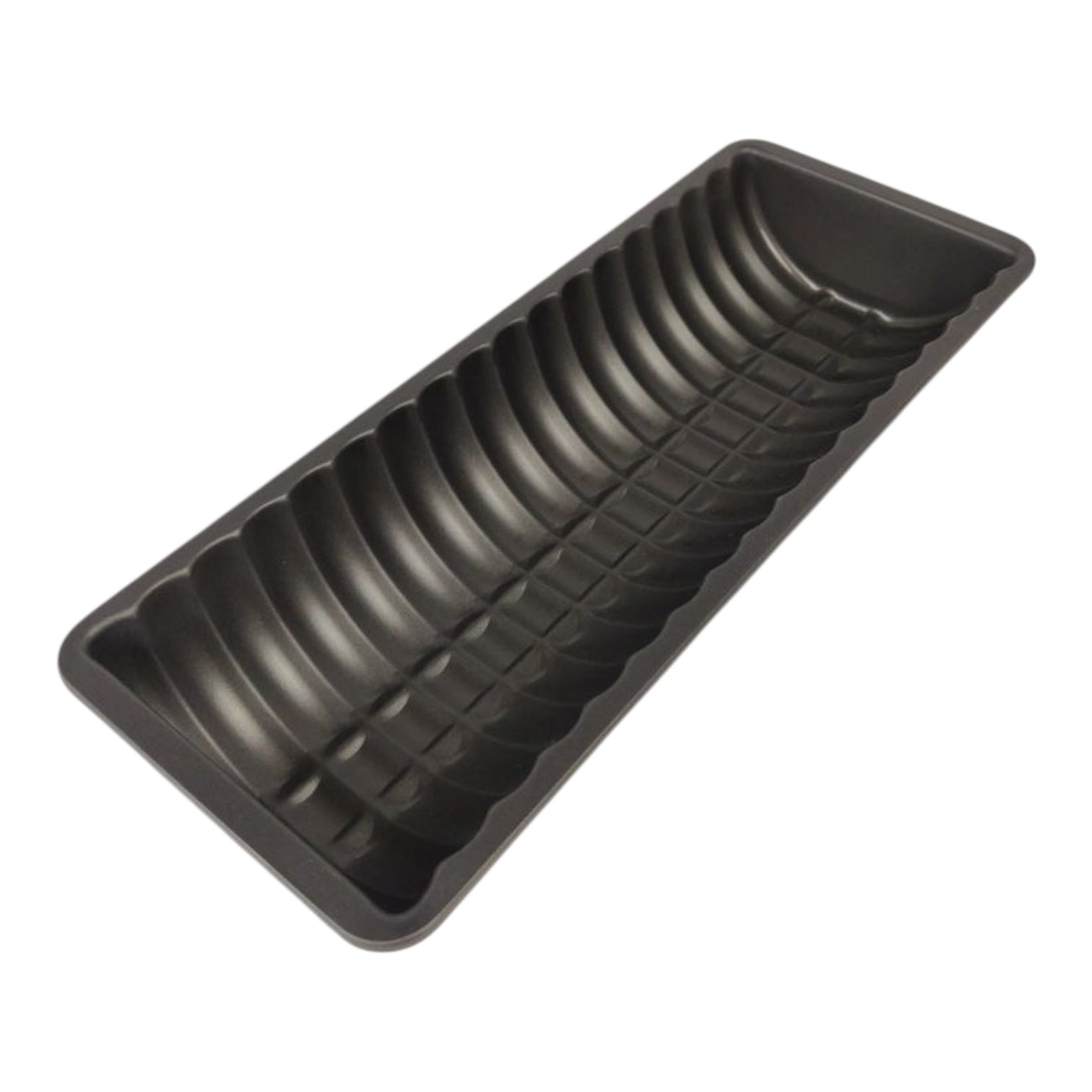 Black tray with ribbed design on a white background
