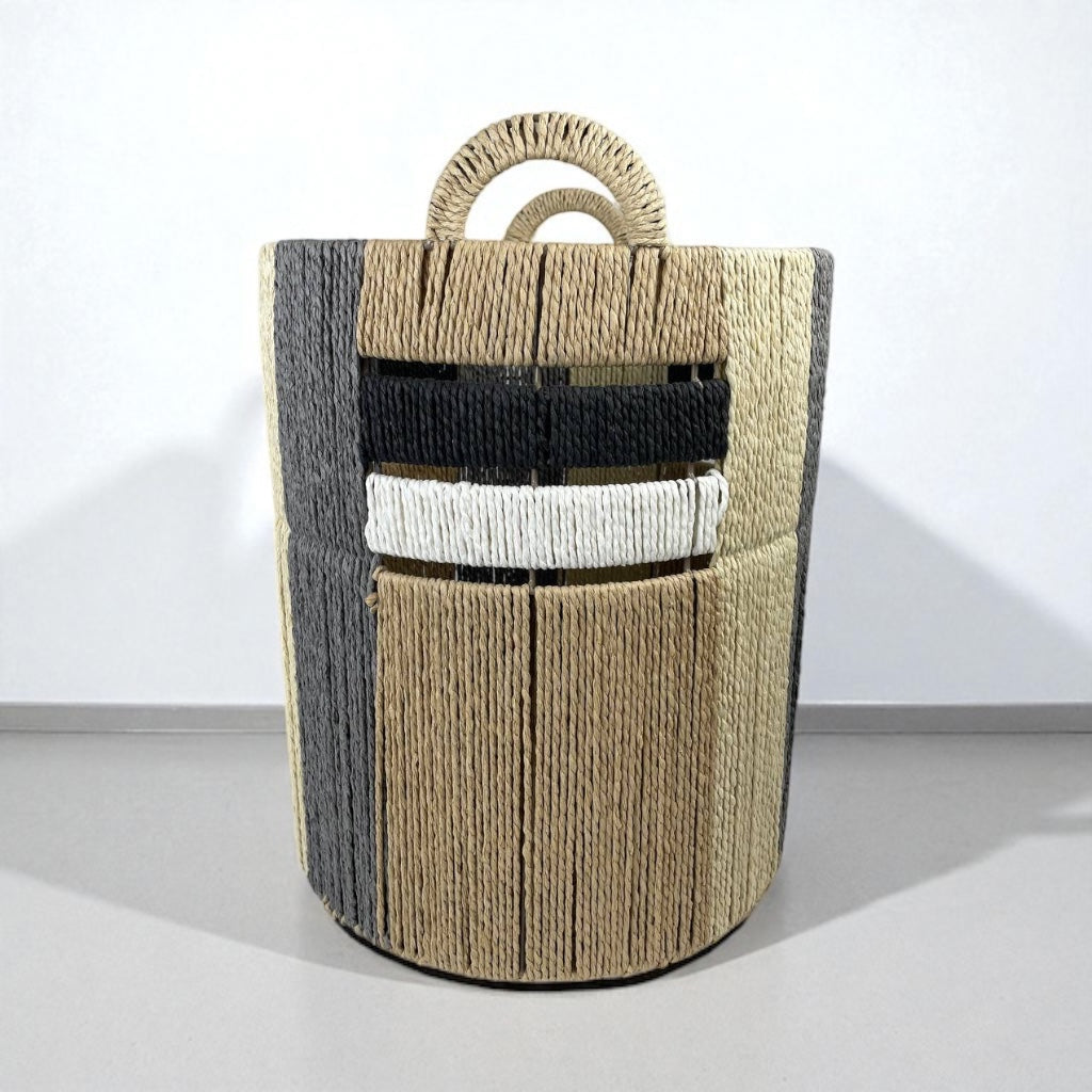 Woven basket with handles on a white background
