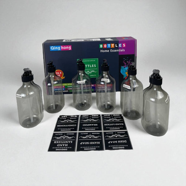 Set of clear bottles with black caps and a Qinghong product box on a gray background