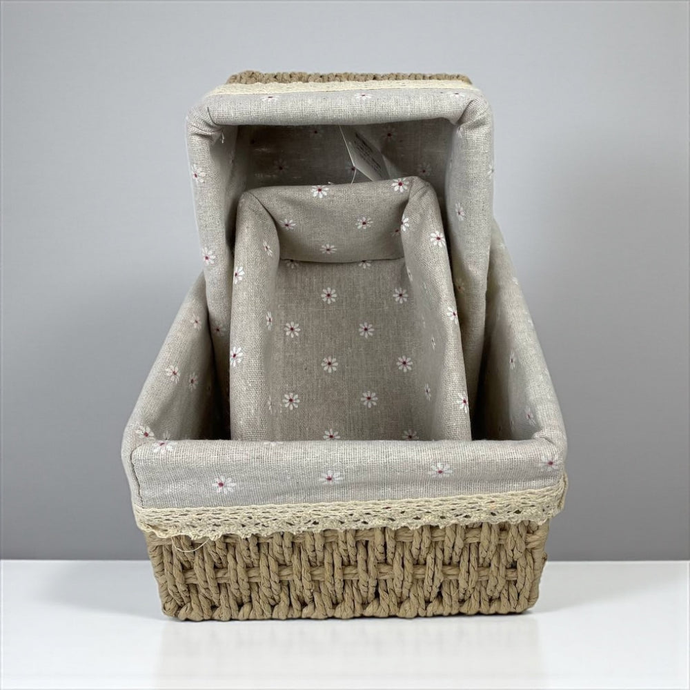 Hand‑Woven Wicker Basket Set of 3 – Fabric Lined Nesting Storage Bins