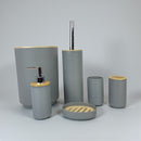 Bathroom accessory set with gray and wooden elements on a light gray background