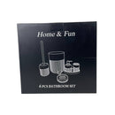 Black box packaging for a 6-piece bathroom set with 'Home & Fun' branding.