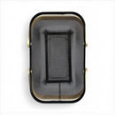 Black mesh basket with gold trim on a white background