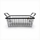 Black wire basket with handles on a white background