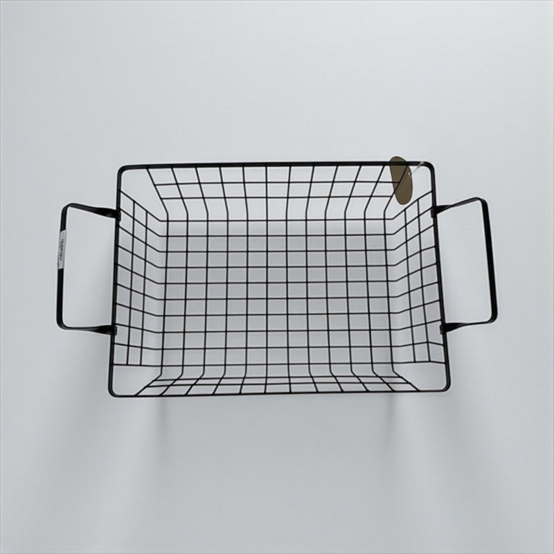 Black wire basket with handles on a light gray background