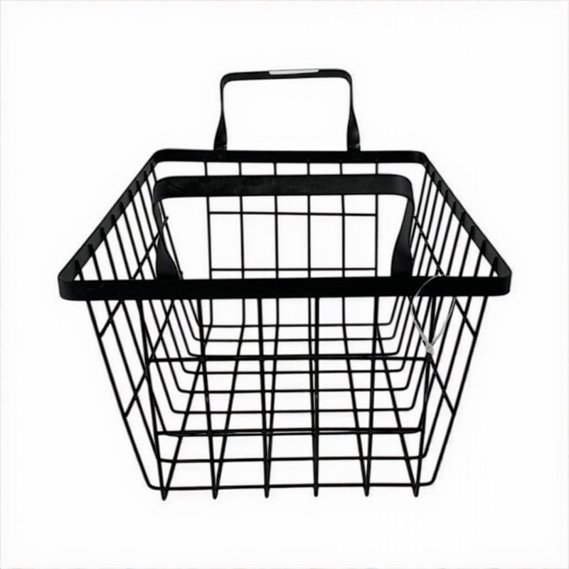 Black wire basket with handle on a white background
